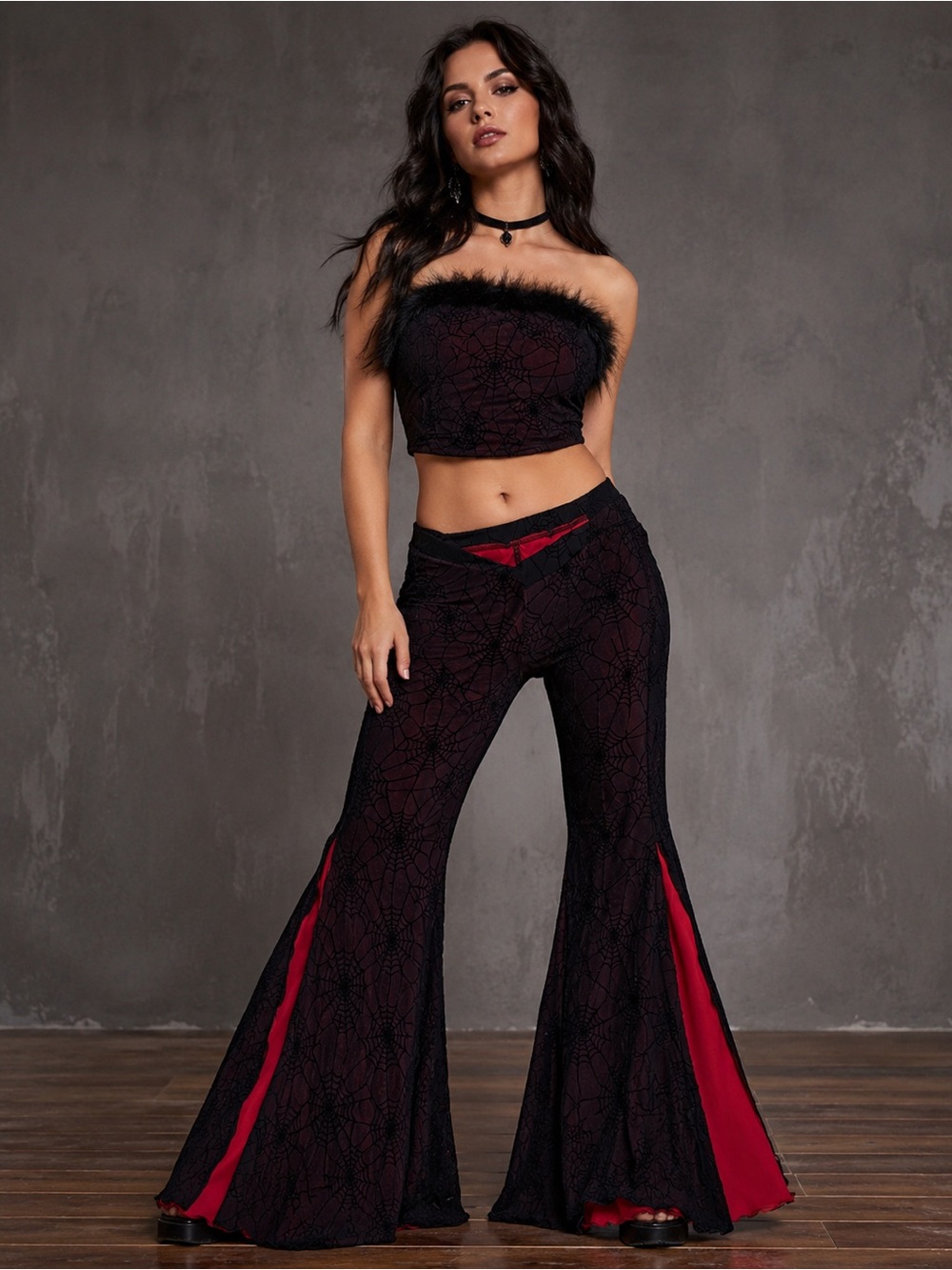 Gothic Spiderweb Corset Top with Feather Trim